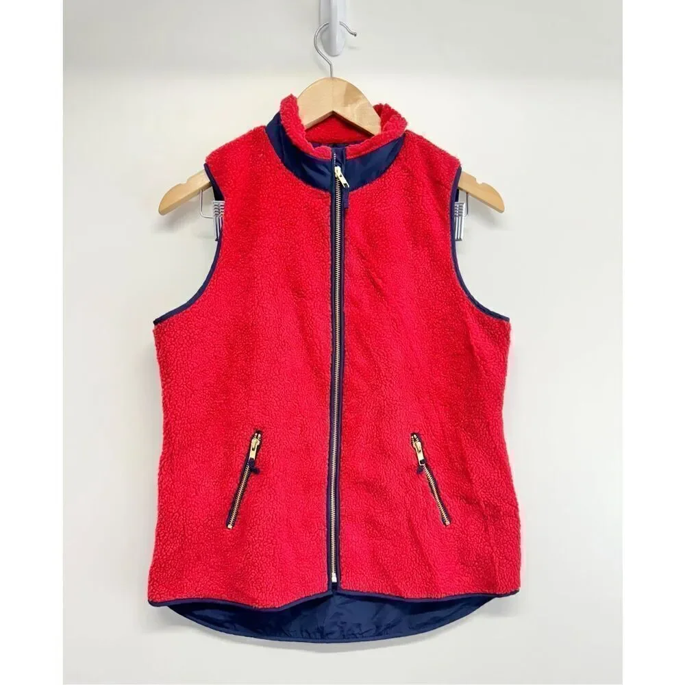 Crown & Ivy Vest Size Small Womens Red Blue Faux Fur Full Zip